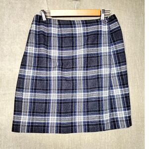 Herman Geist Womens Plaid Wool Blend Wrap Skirt Navy Grey White Size 12 C1054487